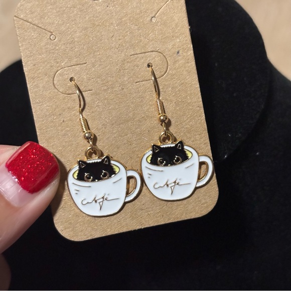 Void Black Cat In Coffee Cup Dangle Earrings, Kitty in Coffee Dangle Earrings - Picture 1 of 10